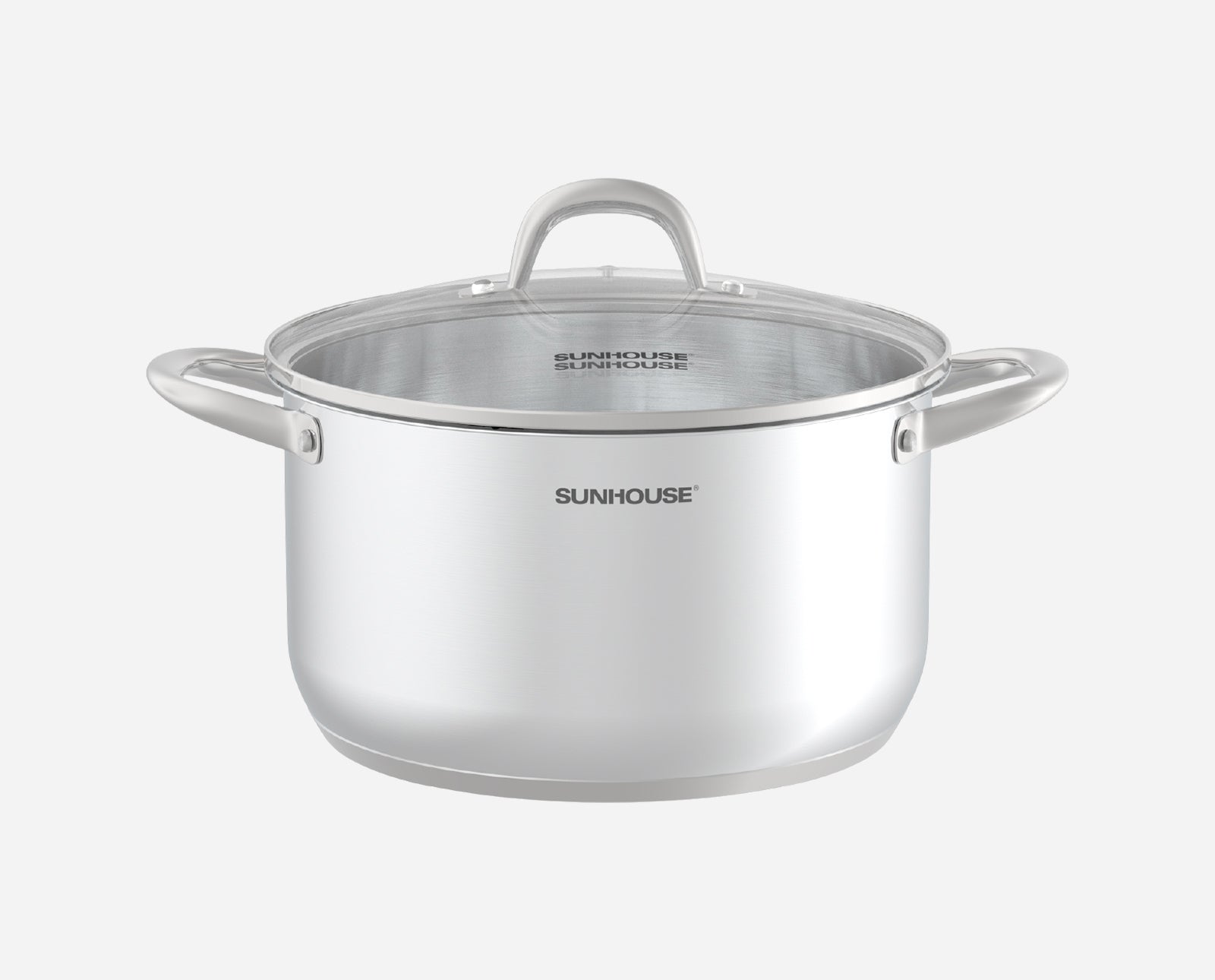 Stainless steel pot with lid on a white background, featuring the Sunhouse brand.