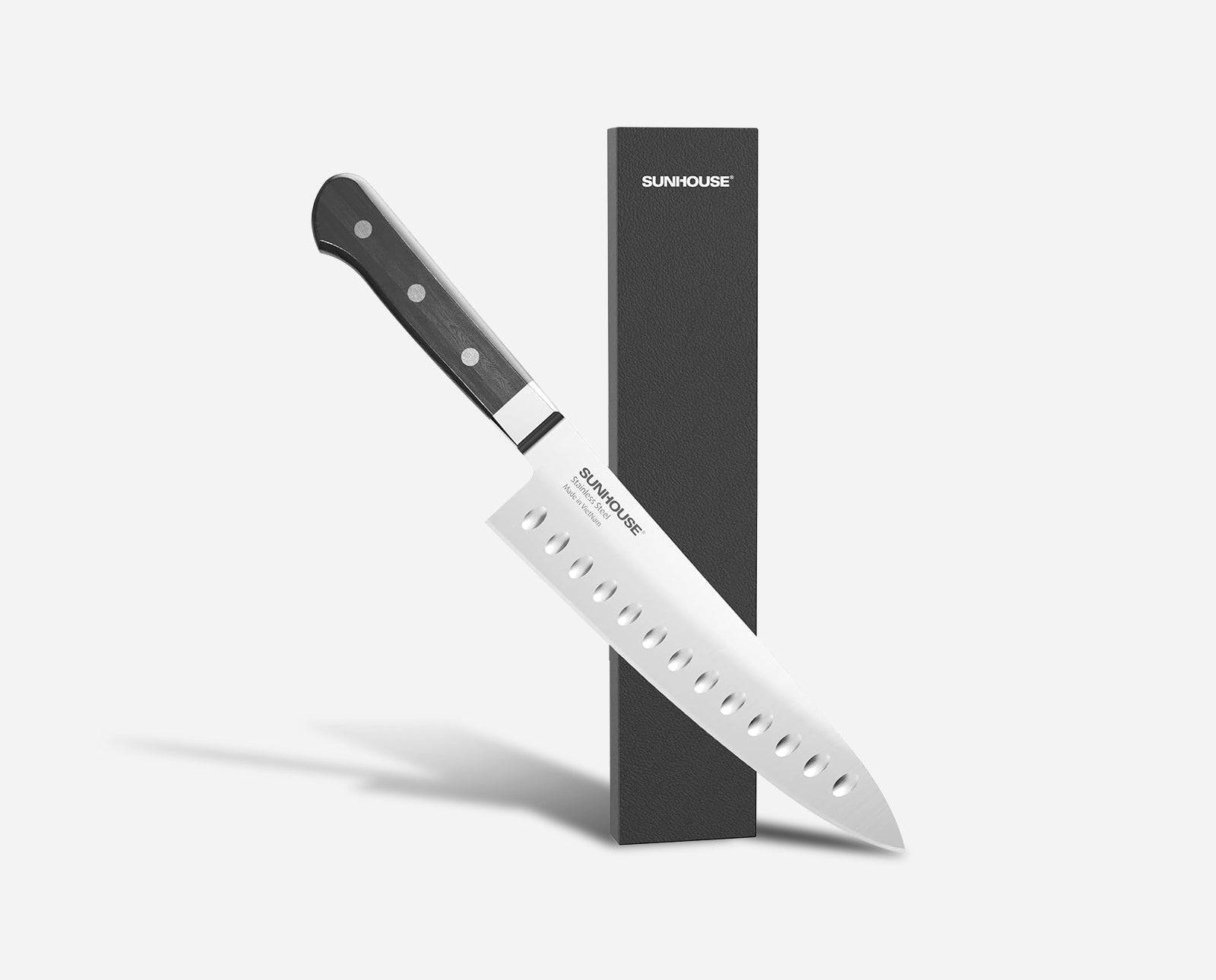 Sunhouse Serrated knife with black handle and silver blade, branded 'Sunhouse', on a white background
