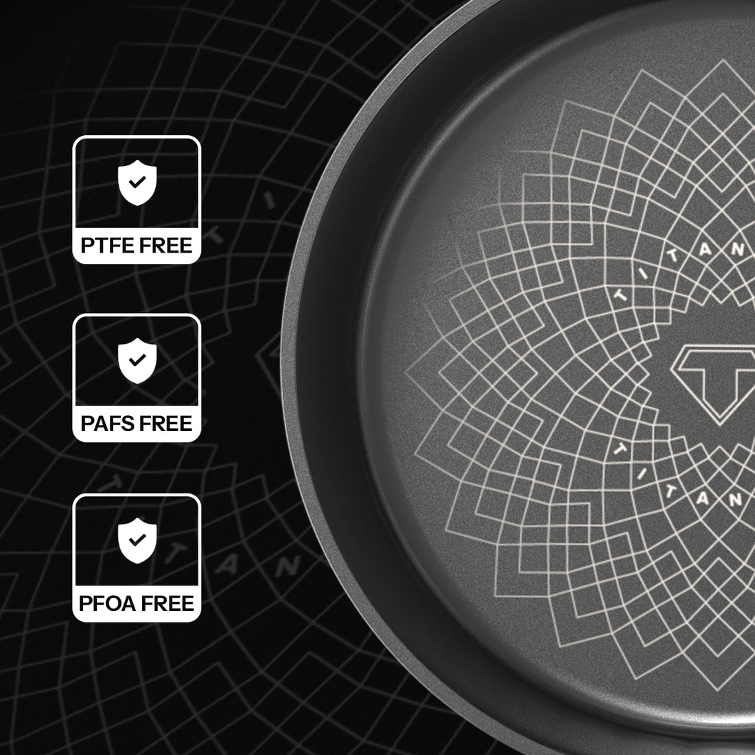 Non-stick frying pan with brand logo and 'PTFE Free', 'PAFS Free', 'PFOA Free' labels on a black background.