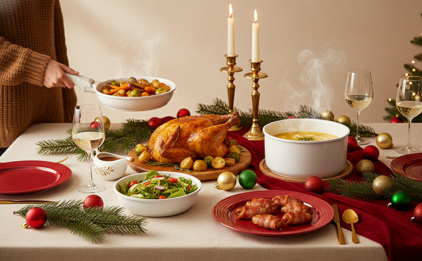 Dining table set for a festive meal with a roasted turkey, sides, and drinks.