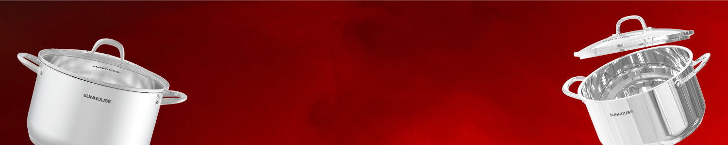 Two Sunhouse stainless steel pots with lids on a red background