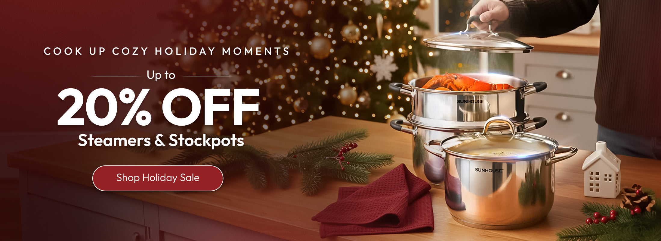 Promotional image of cookware with holiday decorations and text overlay.