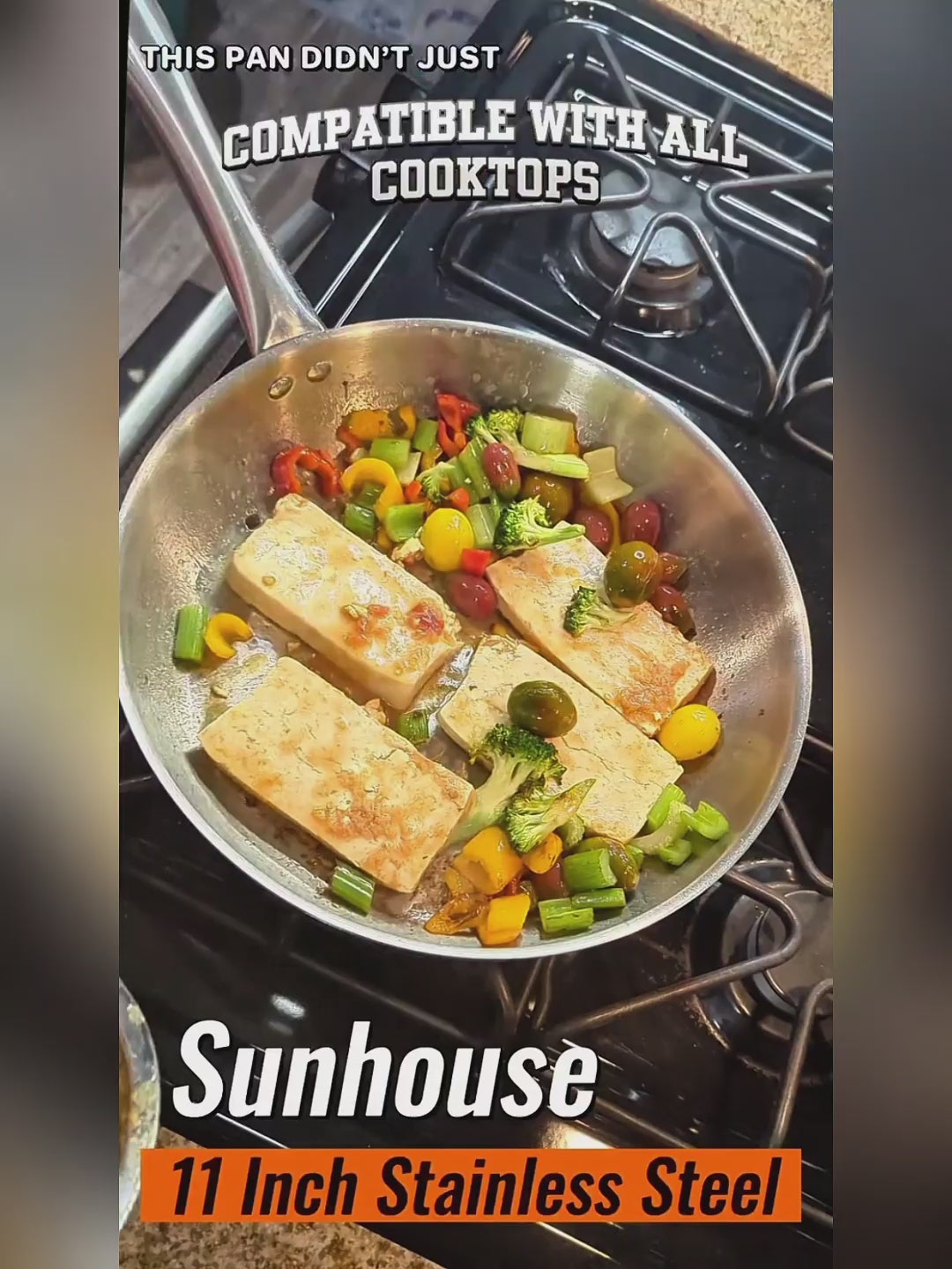 Load video: Sunhouse 11 Inch Stainless Steel pan with food on a stovetop