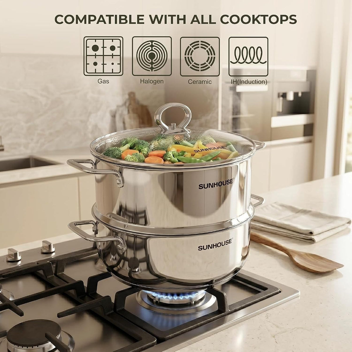 Extra-Deep 2-Tier Tri-Ply Base Stainless Steel Steamer Pot