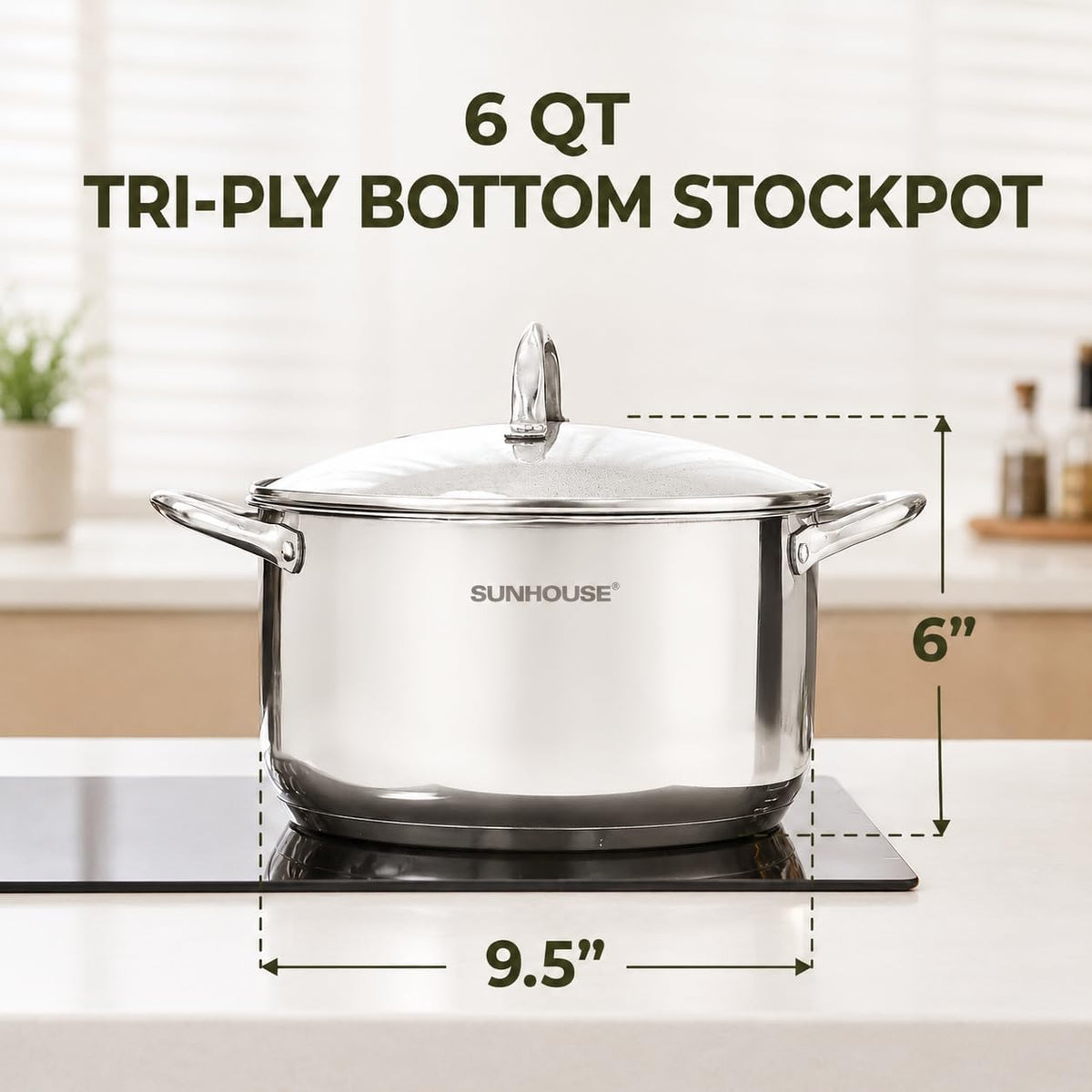 6-Quart Tri-Ply Base Stainless Steel Stock Pot with Glass Lid
