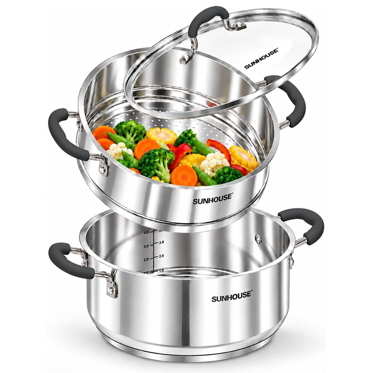 Stainless steel steamer pot set showing base pot with measurement markings, steamer insert with vegetables, and glass lid.