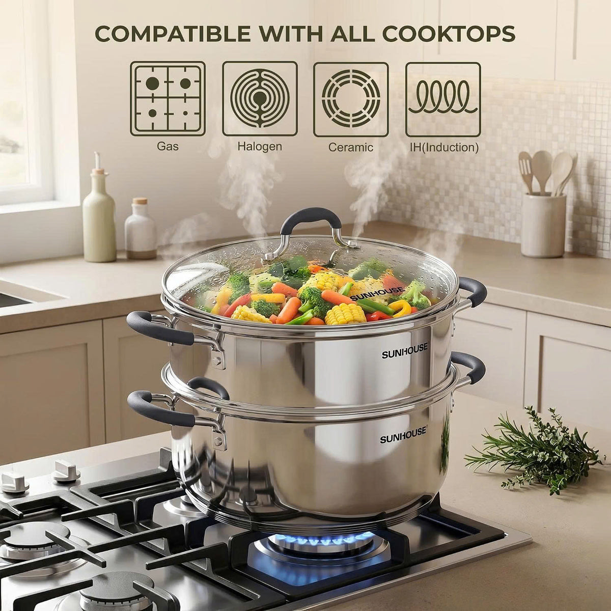 SUNHOUSE 6-Quart Stainless Steel Steamer Pot for Cooking