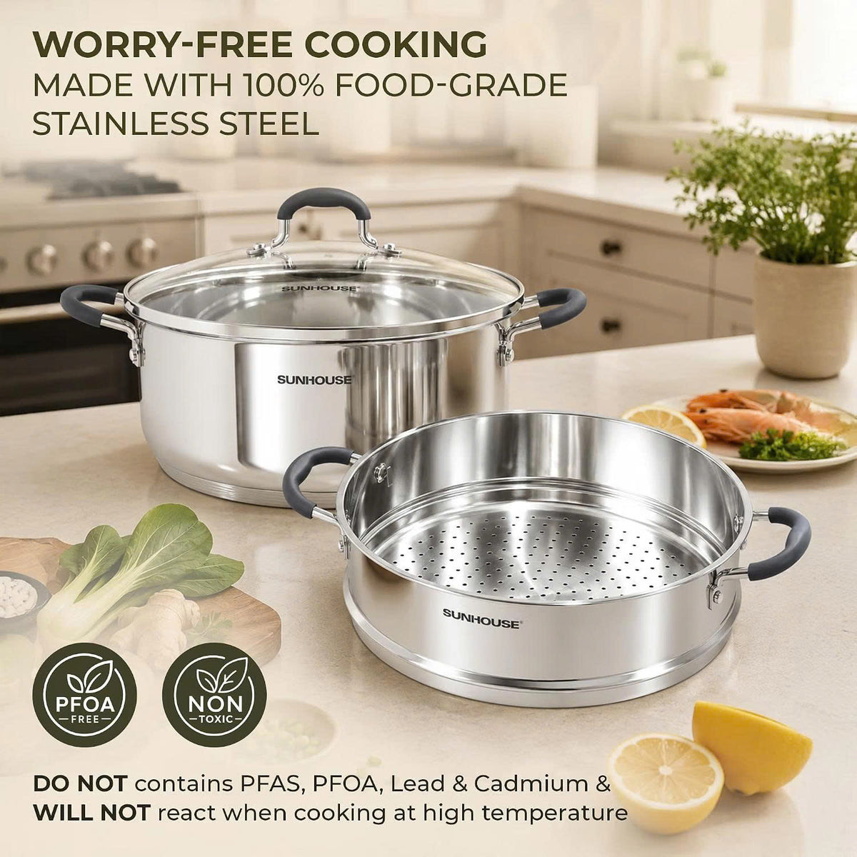 SUNHOUSE 6-Quart Stainless Steel Steamer Pot for Cooking