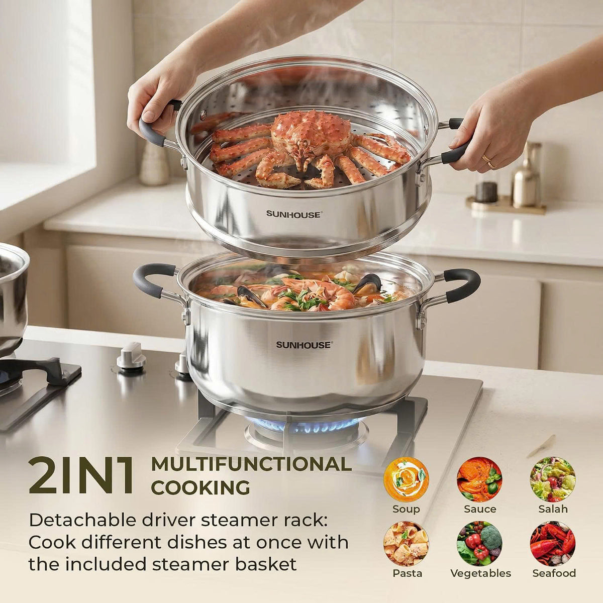 SUNHOUSE 6-Quart Stainless Steel Steamer Pot for Cooking
