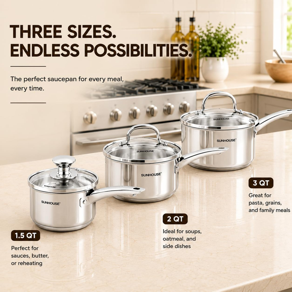 Three stainless steel saucepans with glass lids from Sunhouse in different sizes (1.5 QT, 2 QT, and 3 QT)
