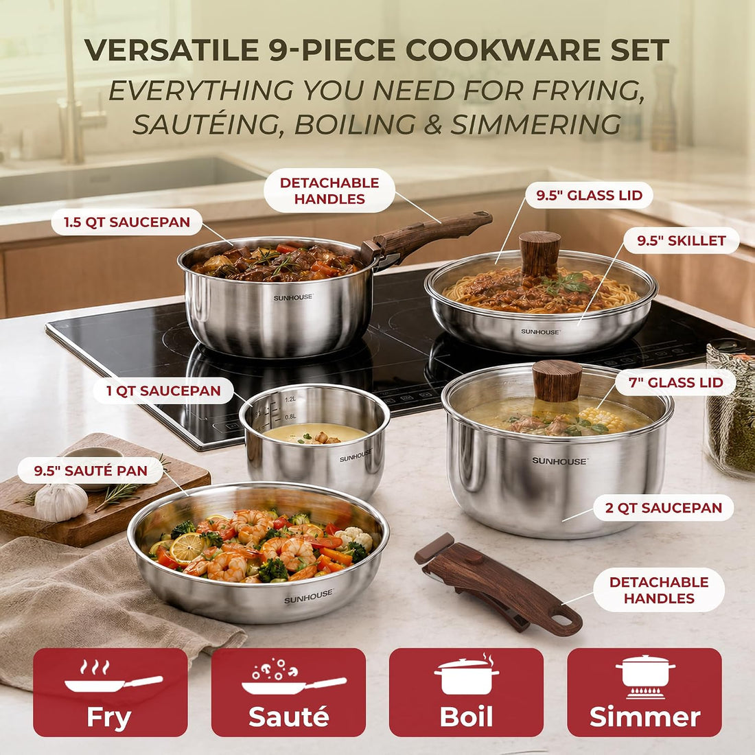 A complete pots and pans set that covers everyday cooking