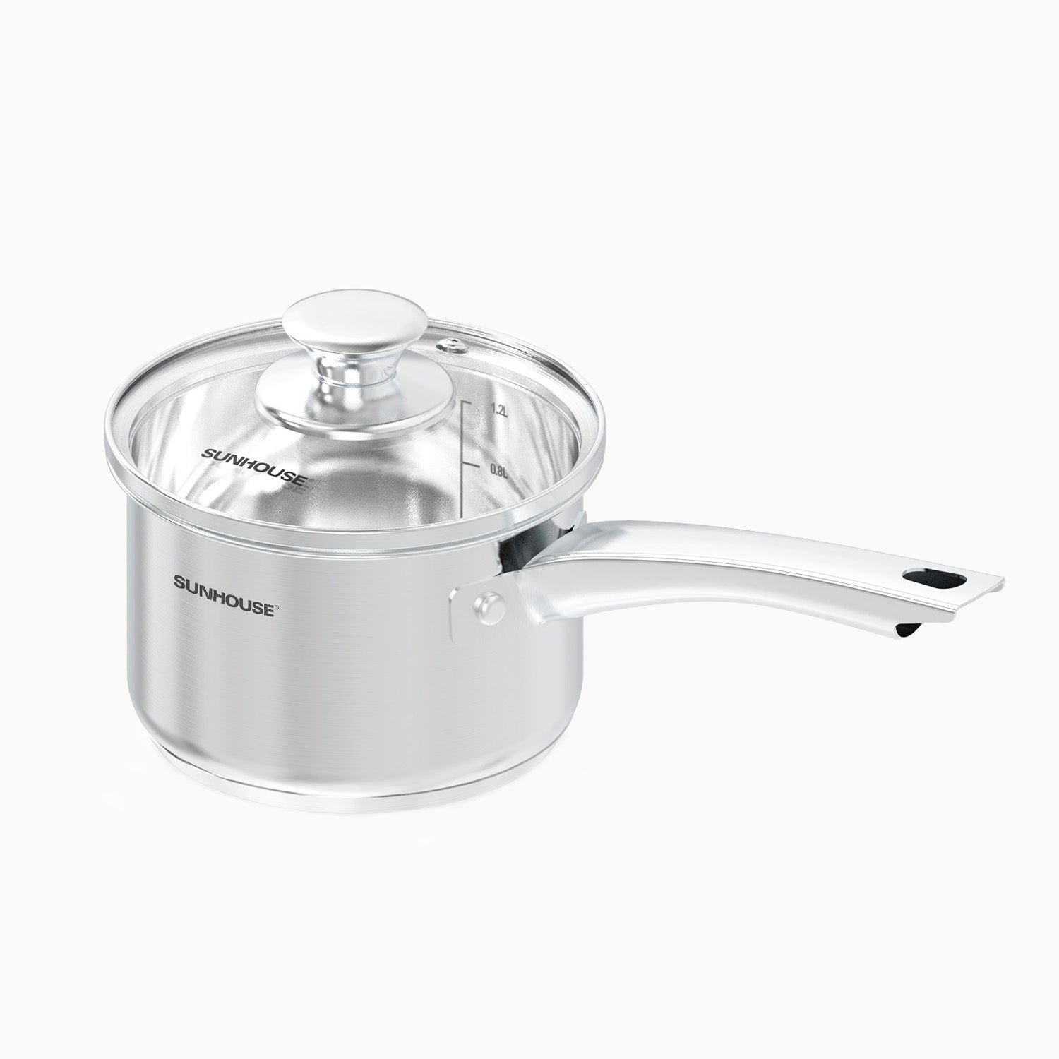 Stainless steel saucepan with glass lid on a white background