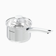 Stainless steel saucepan with glass lid on a white background