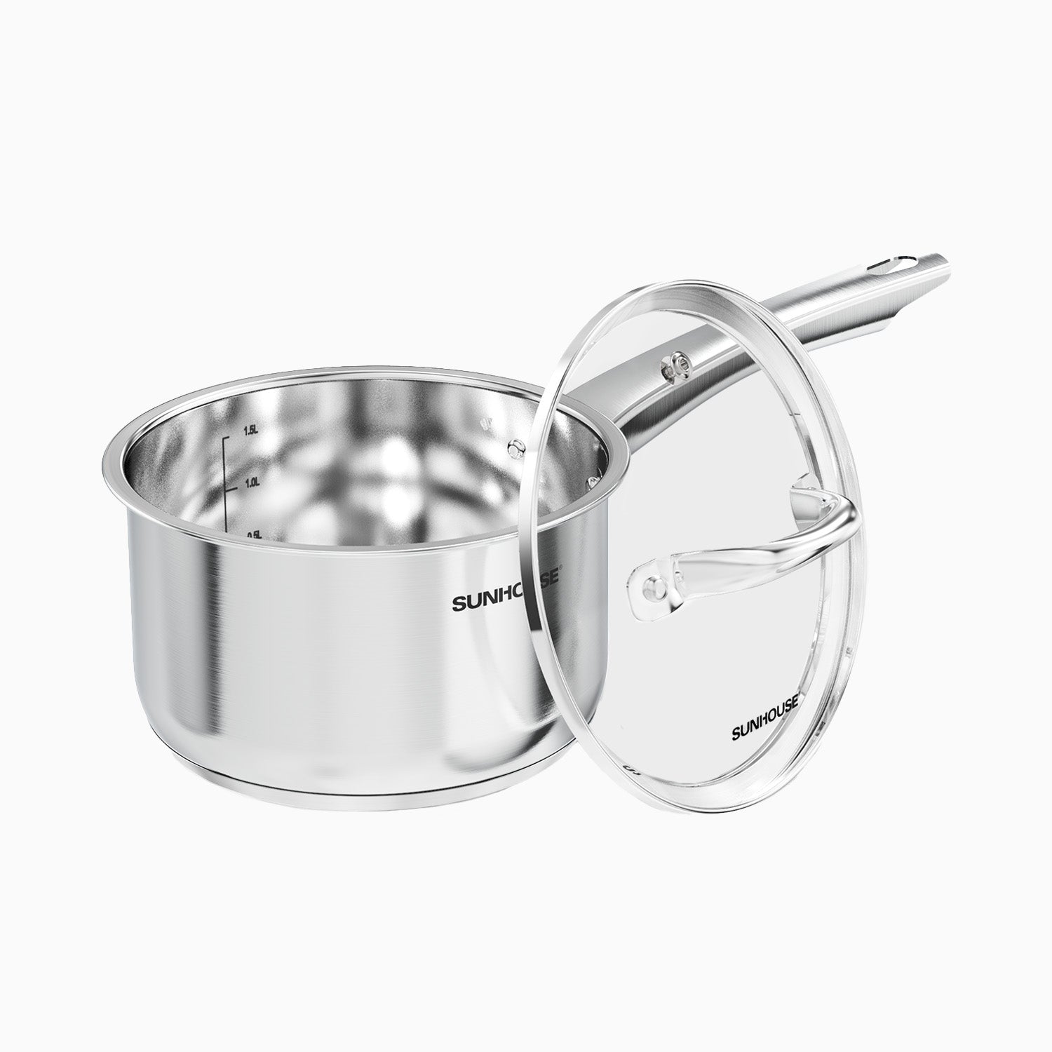 Stainless steel pot with lid on a white background