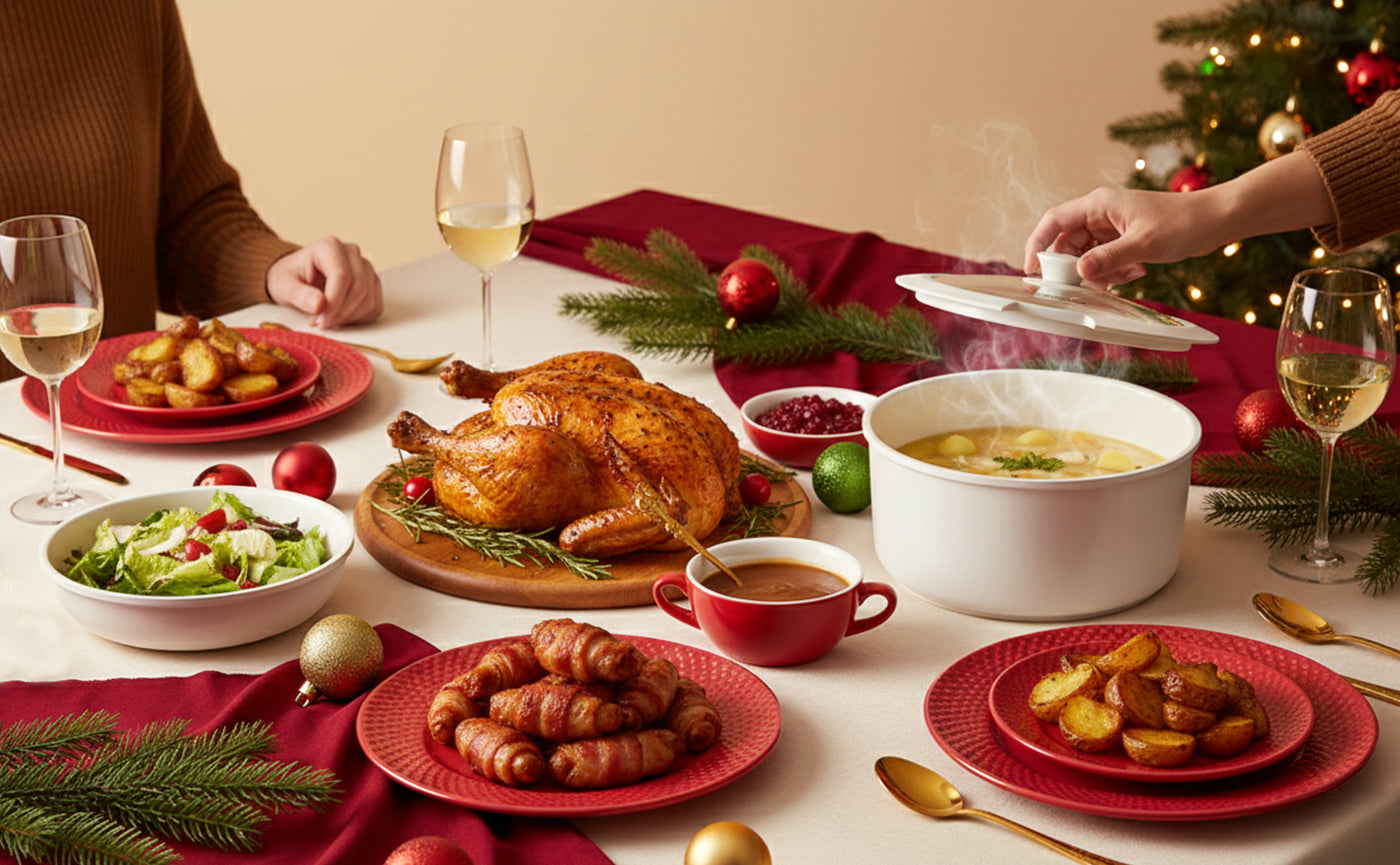 Dining table set for a festive meal with roasted turkey, sides, and drinks, decorated with Christmas trees.