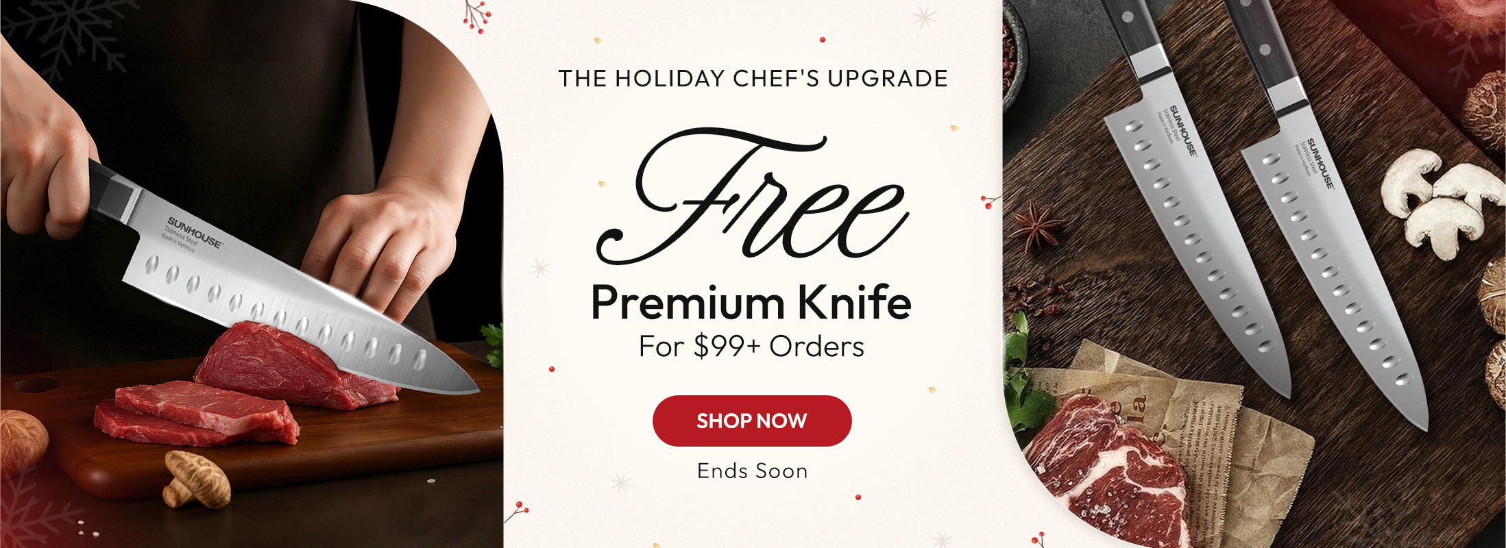 Promotional banner for free premium knife with kitchen scene and text overlay.