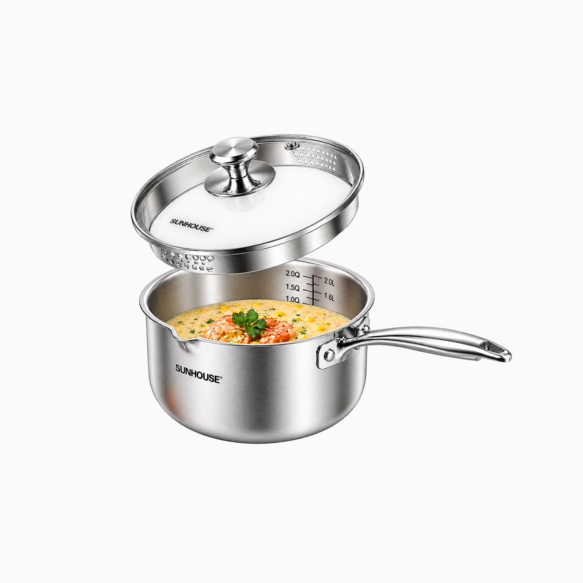 Whole-clad Stainless Steel Saucepan with Pour Sprouts & Strainer Lids 01