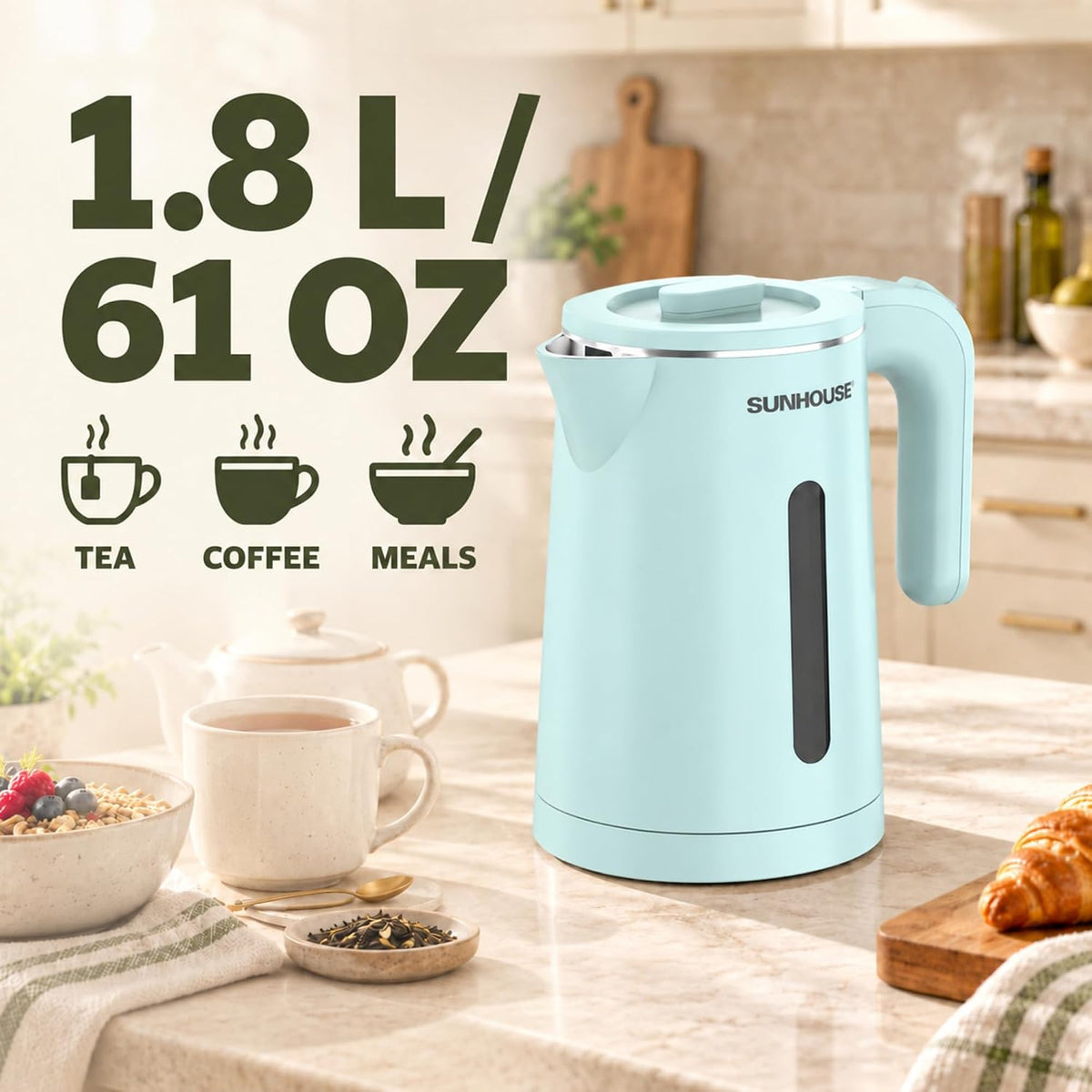 Sunhouse Stainless Steel Electric Kettle 1.8L, Hot Water Tea Kettle, Blue