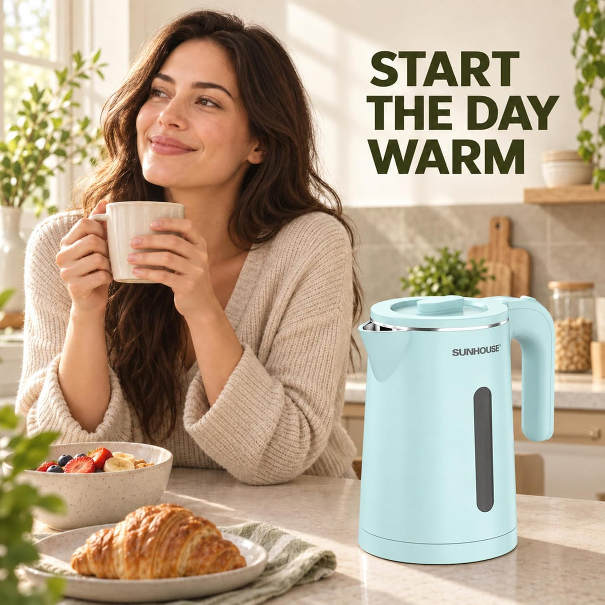 Sunhouse Stainless Steel Electric Kettle 1.8L, Hot Water Tea Kettle, Blue