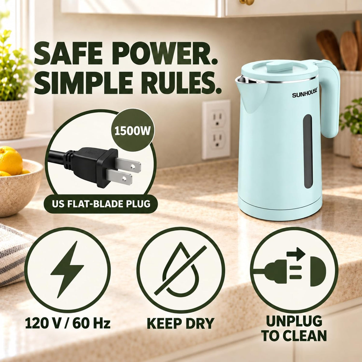 Sunhouse Stainless Steel Electric Kettle 1.8L, Hot Water Tea Kettle, Blue