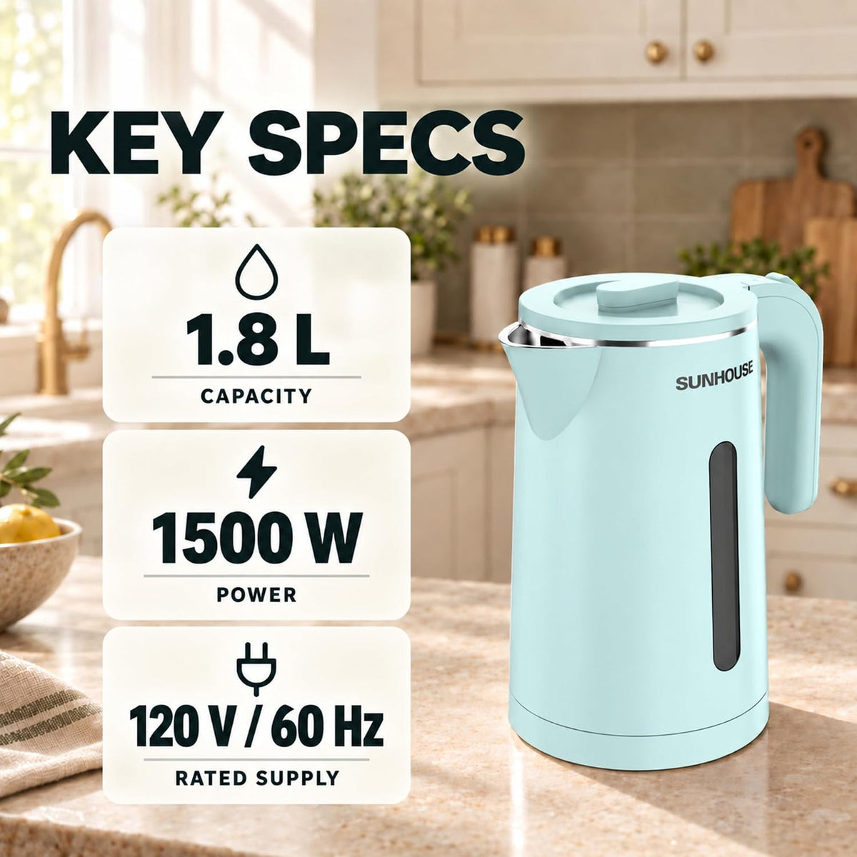 Sunhouse Stainless Steel Electric Kettle 1.8L, Hot Water Tea Kettle, Blue