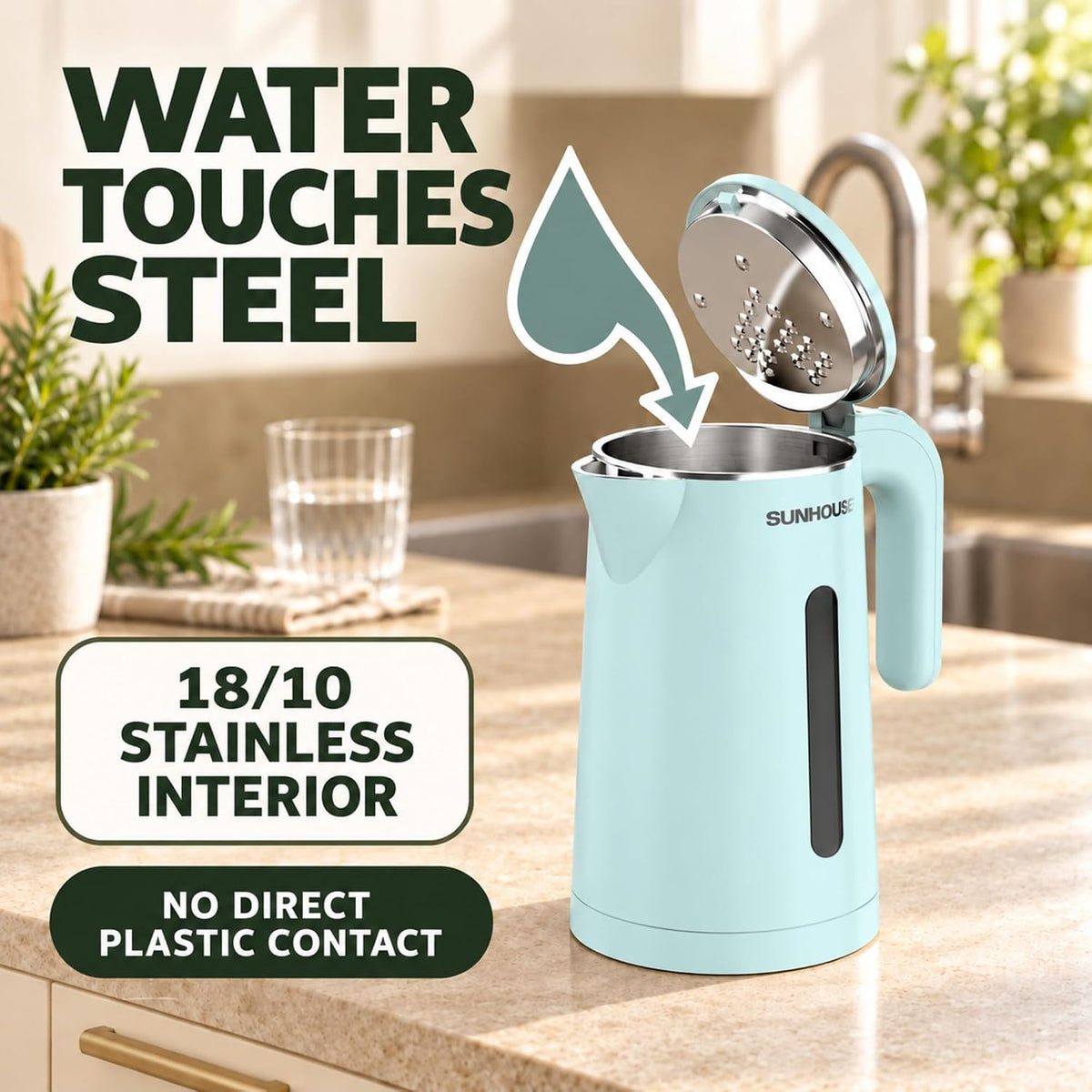 Sunhouse Stainless Steel Electric Kettle 1.8L, Hot Water Tea Kettle, Blue