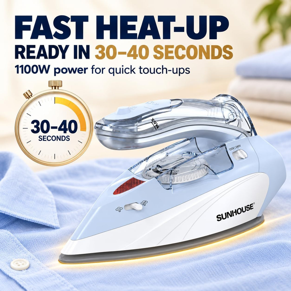 Sunhouse Mini Travel Iron, Dual Voltage 120V/240V Steam Iron for Clothes