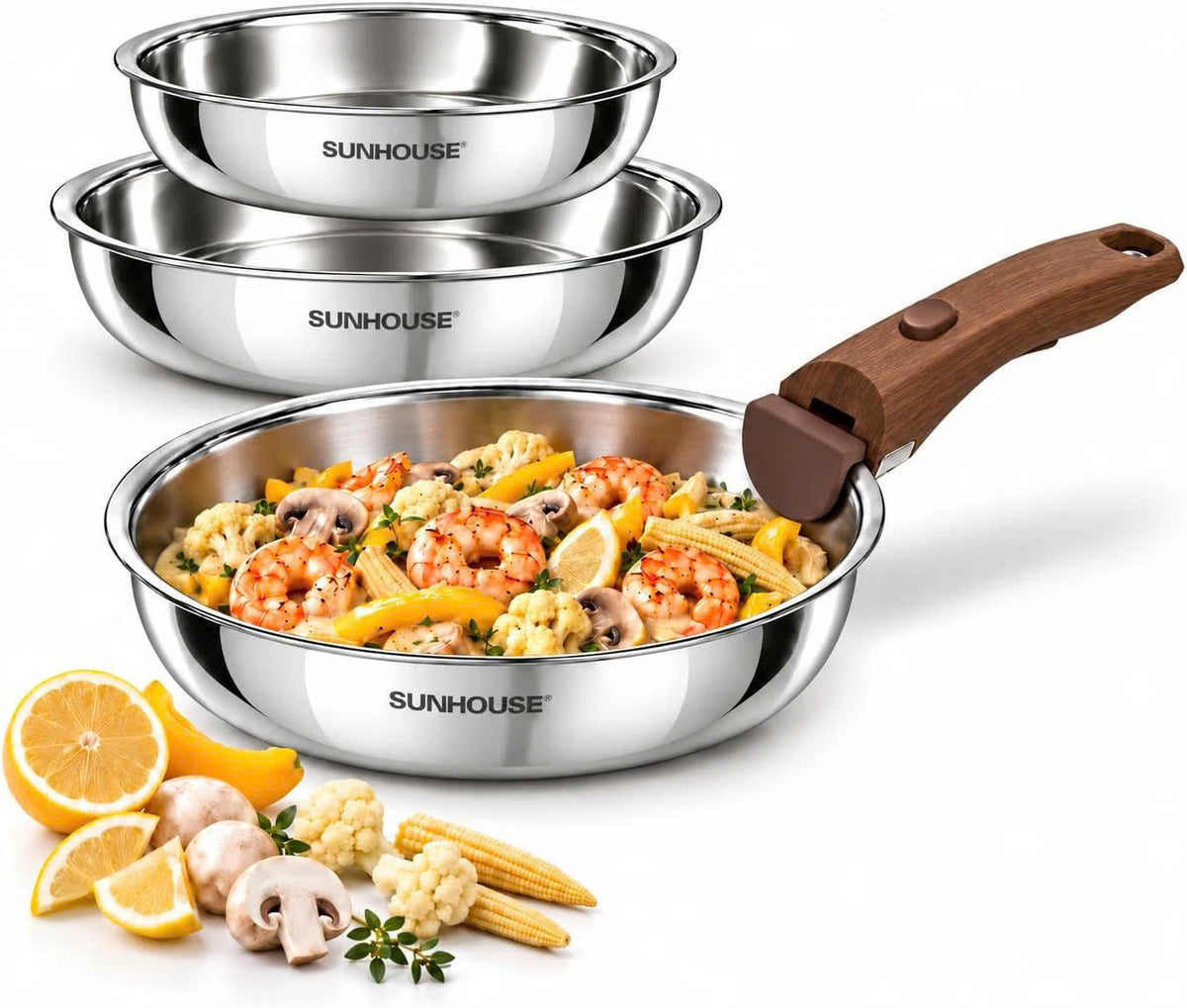 Sunhouse Stainless Steel Frying Pan Set, Detachable Handle, 8/9.5/11 Inch