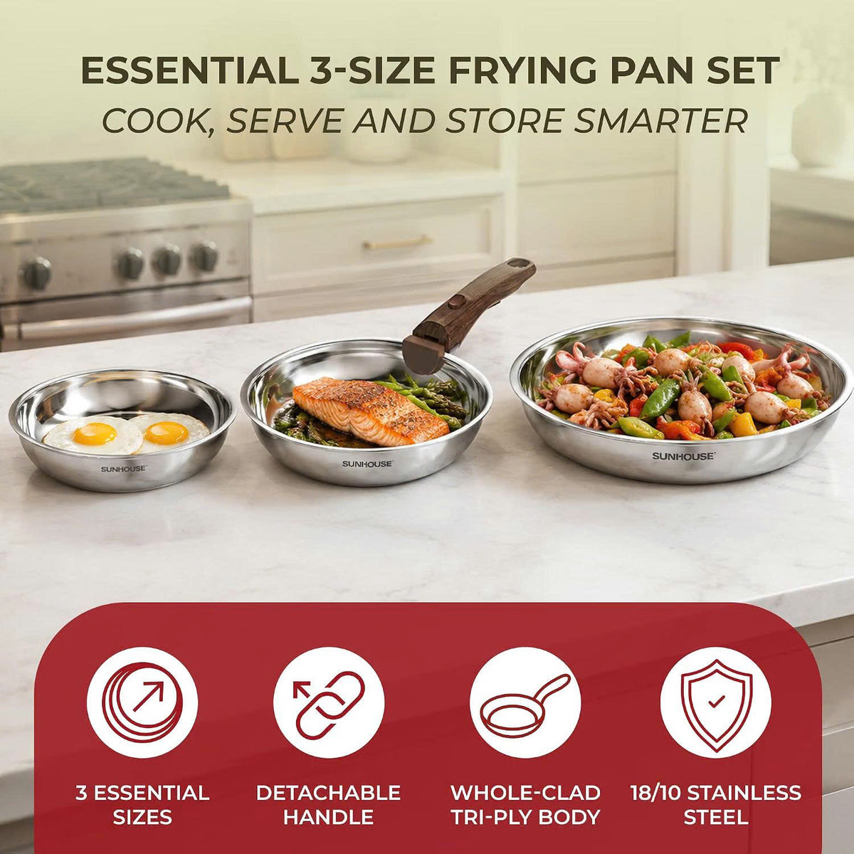 Sunhouse Stainless Steel Frying Pan Set, Detachable Handle, 8/9.5/11 Inch