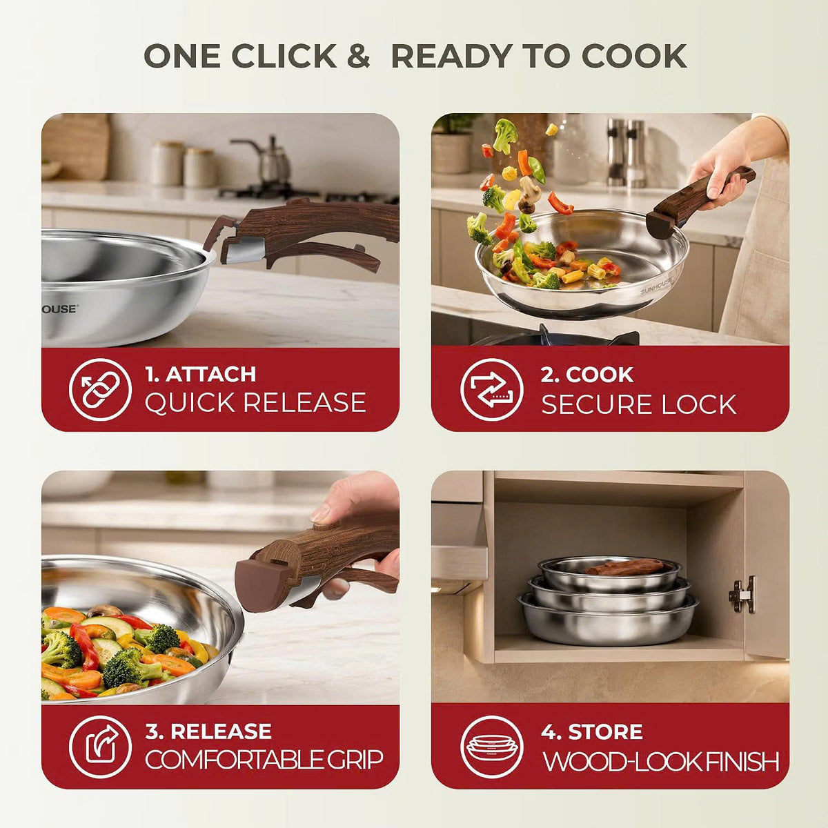 Sunhouse Stainless Steel Frying Pan Set, Detachable Handle, 8/9.5/11 Inch