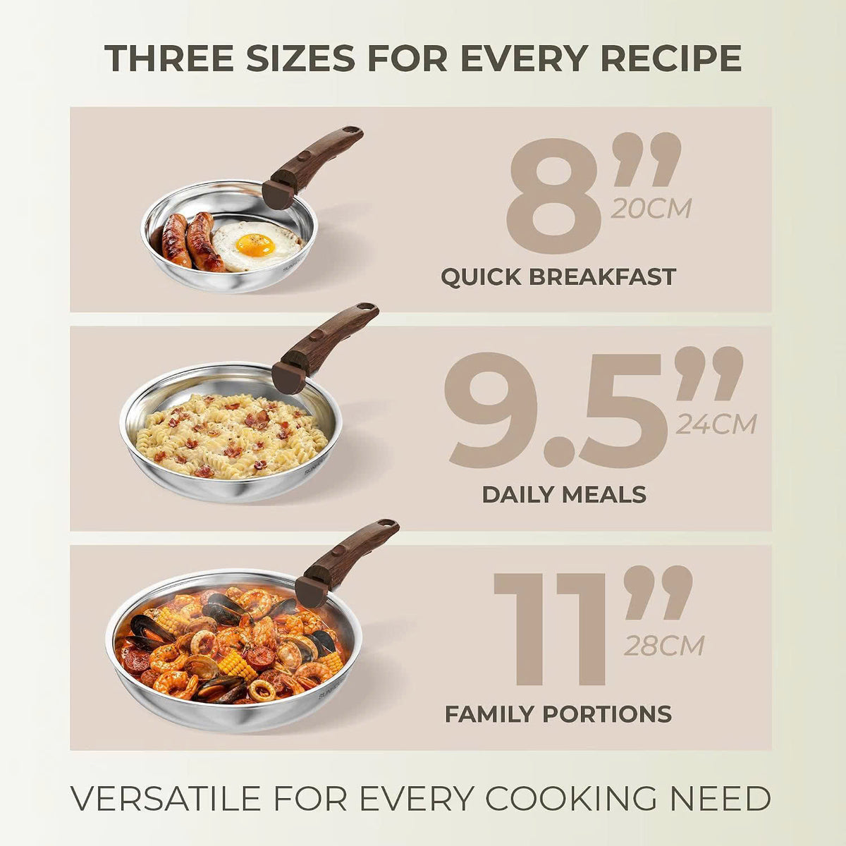 Sunhouse Stainless Steel Frying Pan Set, Detachable Handle, 8/9.5/11 Inch
