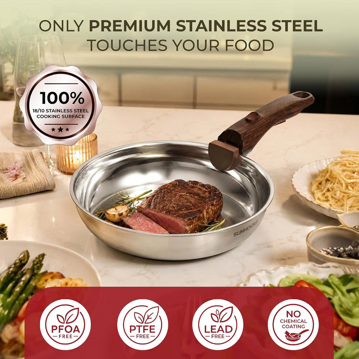 Sunhouse Stainless Steel Frying Pan Set, Detachable Handle, 8/9.5/11 Inch