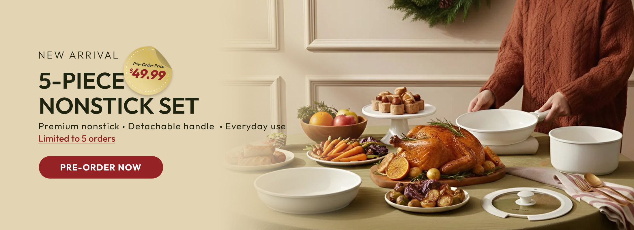 Table setting with a turkey and side dishes, promotional text for a 5-piece nonstick set.