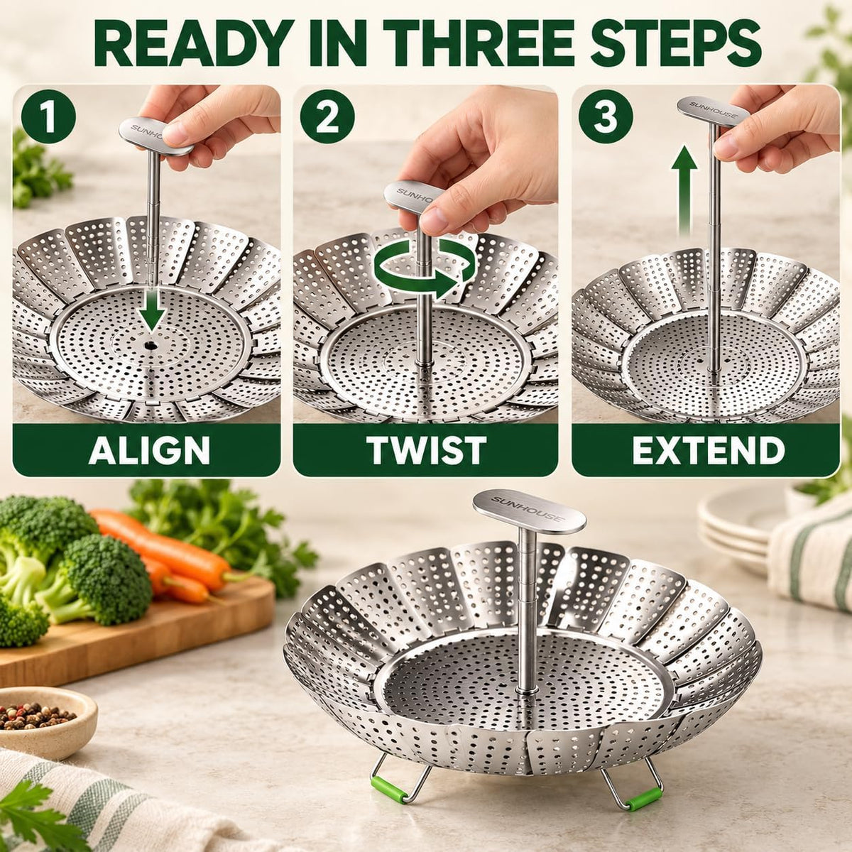 Sunhouse Collapsible Stainless Steel Steamer Basket with Extendable Handle