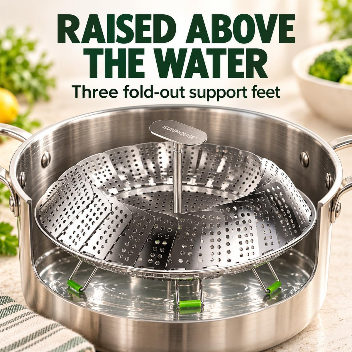 Sunhouse Collapsible Stainless Steel Steamer Basket with Extendable Handle