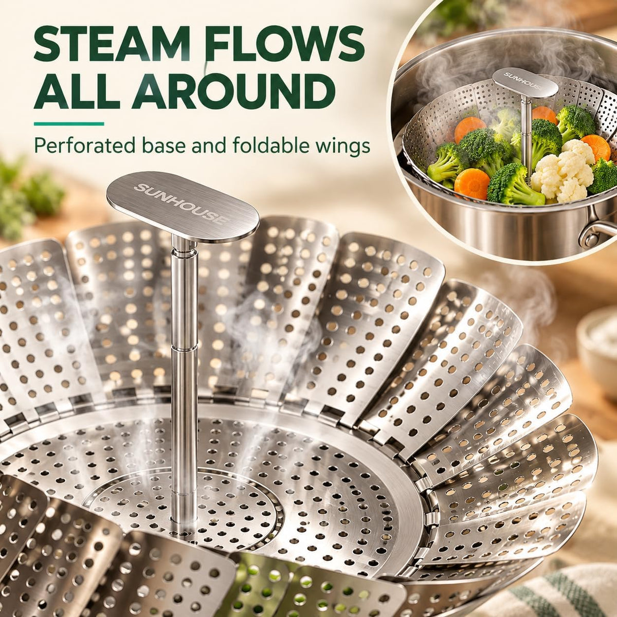 Sunhouse Collapsible Stainless Steel Steamer Basket with Extendable Handle