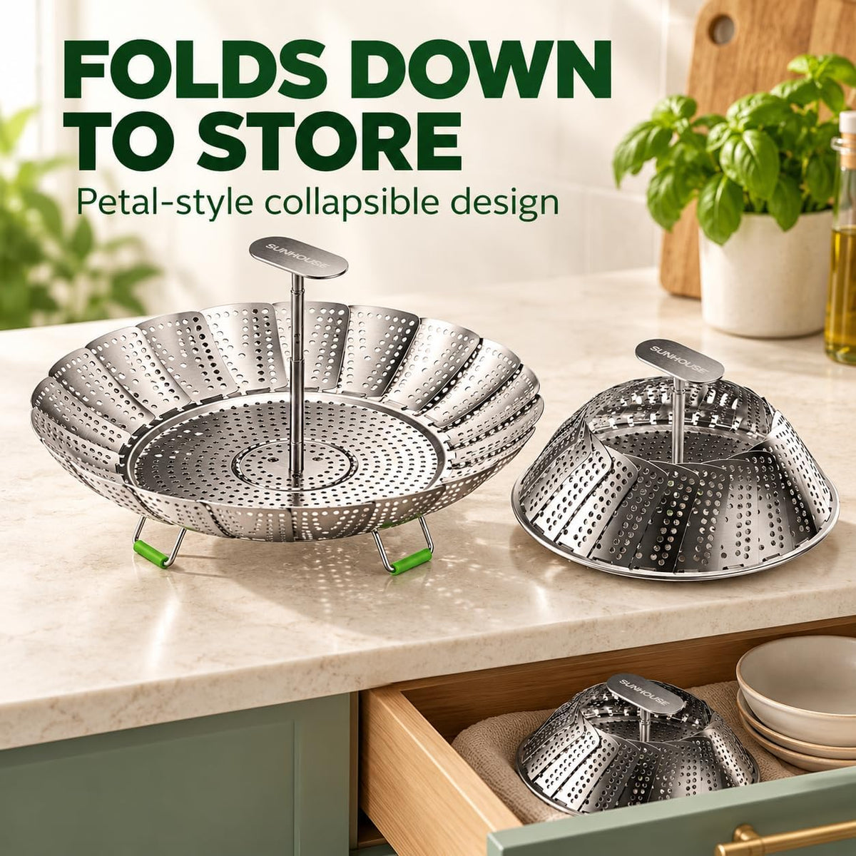 Sunhouse Collapsible Stainless Steel Steamer Basket with Extendable Handle