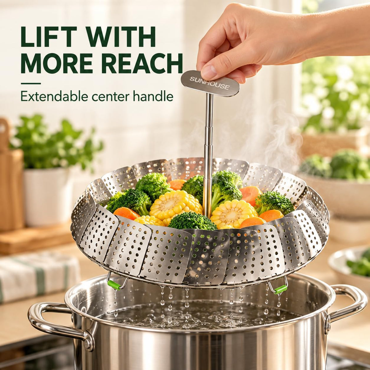 Sunhouse Collapsible Stainless Steel Steamer Basket with Extendable Handle