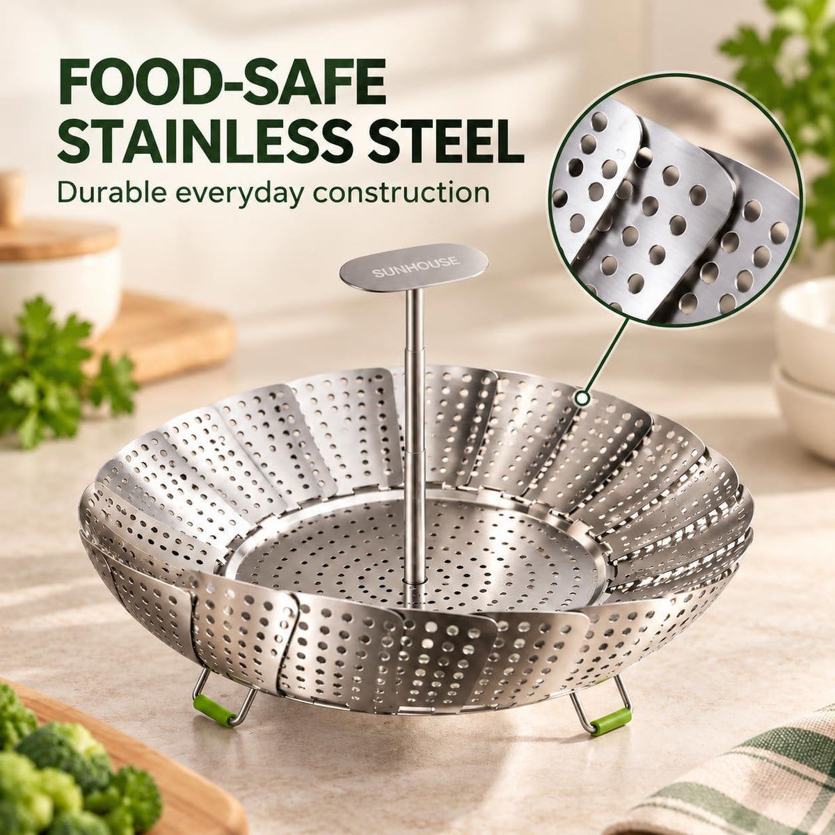 Sunhouse Collapsible Stainless Steel Steamer Basket with Extendable Handle