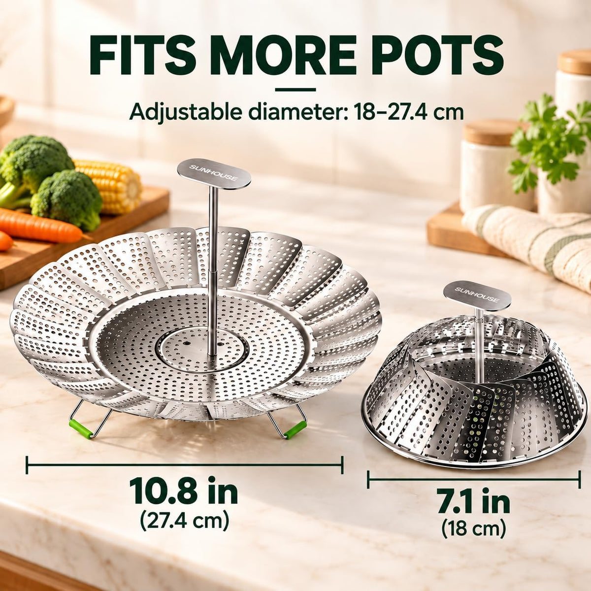 Sunhouse Collapsible Stainless Steel Steamer Basket with Extendable Handle