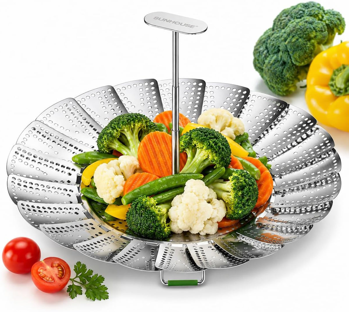 Sunhouse Collapsible Stainless Steel Steamer Basket with Extendable Handle