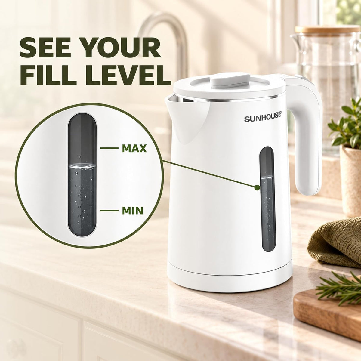 Sunhouse Stainless Steel Electric Kettle 1.8L, Hot Water Tea Kettle, White