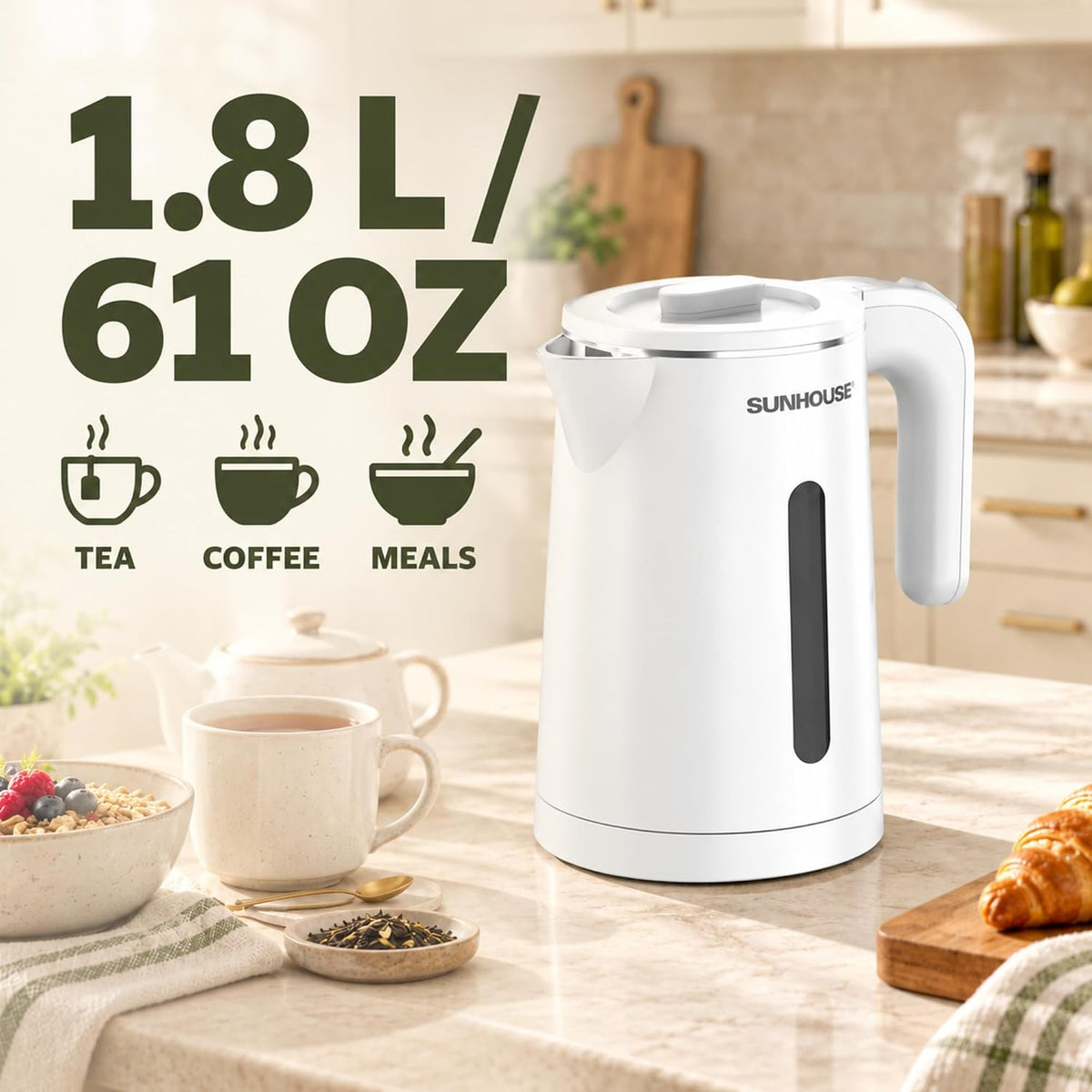 Sunhouse Stainless Steel Electric Kettle 1.8L, Hot Water Tea Kettle, White