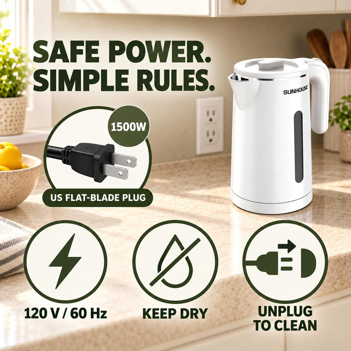 Sunhouse Stainless Steel Electric Kettle 1.8L, Hot Water Tea Kettle, White