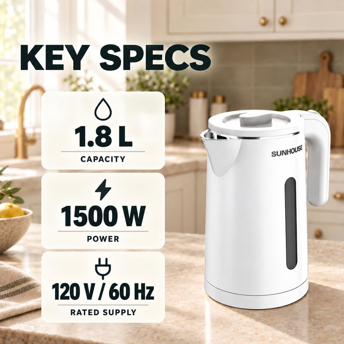 Sunhouse Stainless Steel Electric Kettle 1.8L, Hot Water Tea Kettle, White