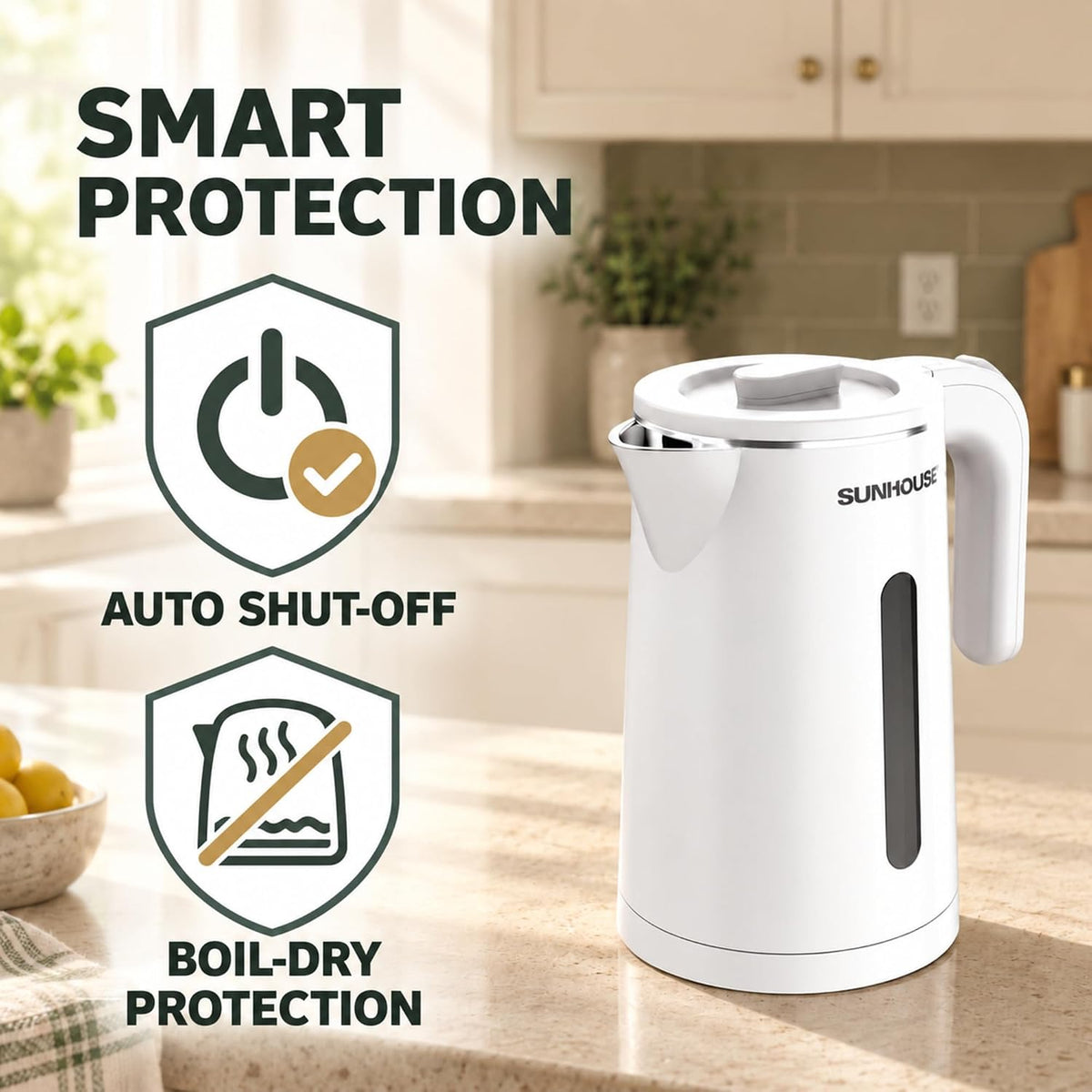 Sunhouse Stainless Steel Electric Kettle 1.8L, Hot Water Tea Kettle, White