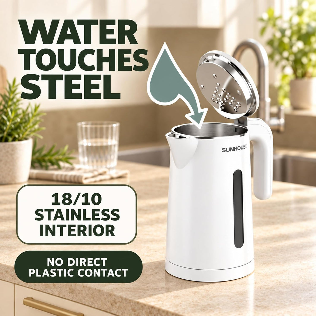 Sunhouse Stainless Steel Electric Kettle 1.8L, Hot Water Tea Kettle, White